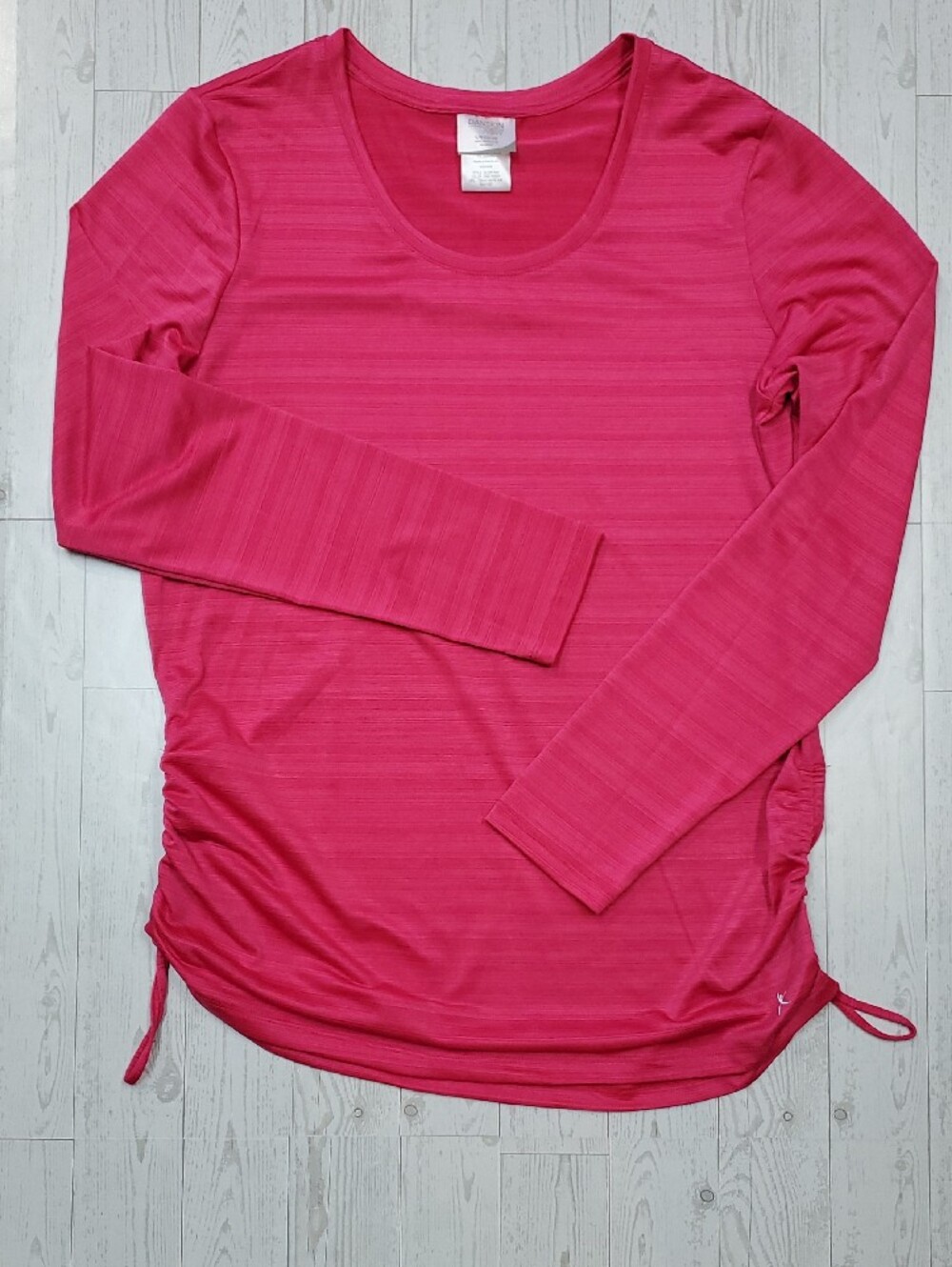 Danskin Pink Striped Long Sleeve Top with Ruched Side Ties Women's Large